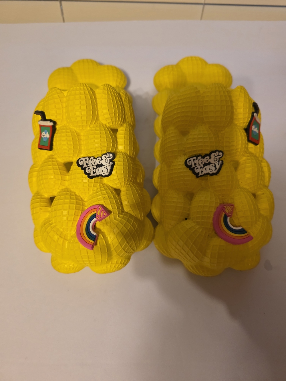 Yellow Kids Bubble Clog Slides with Rainbow Charms